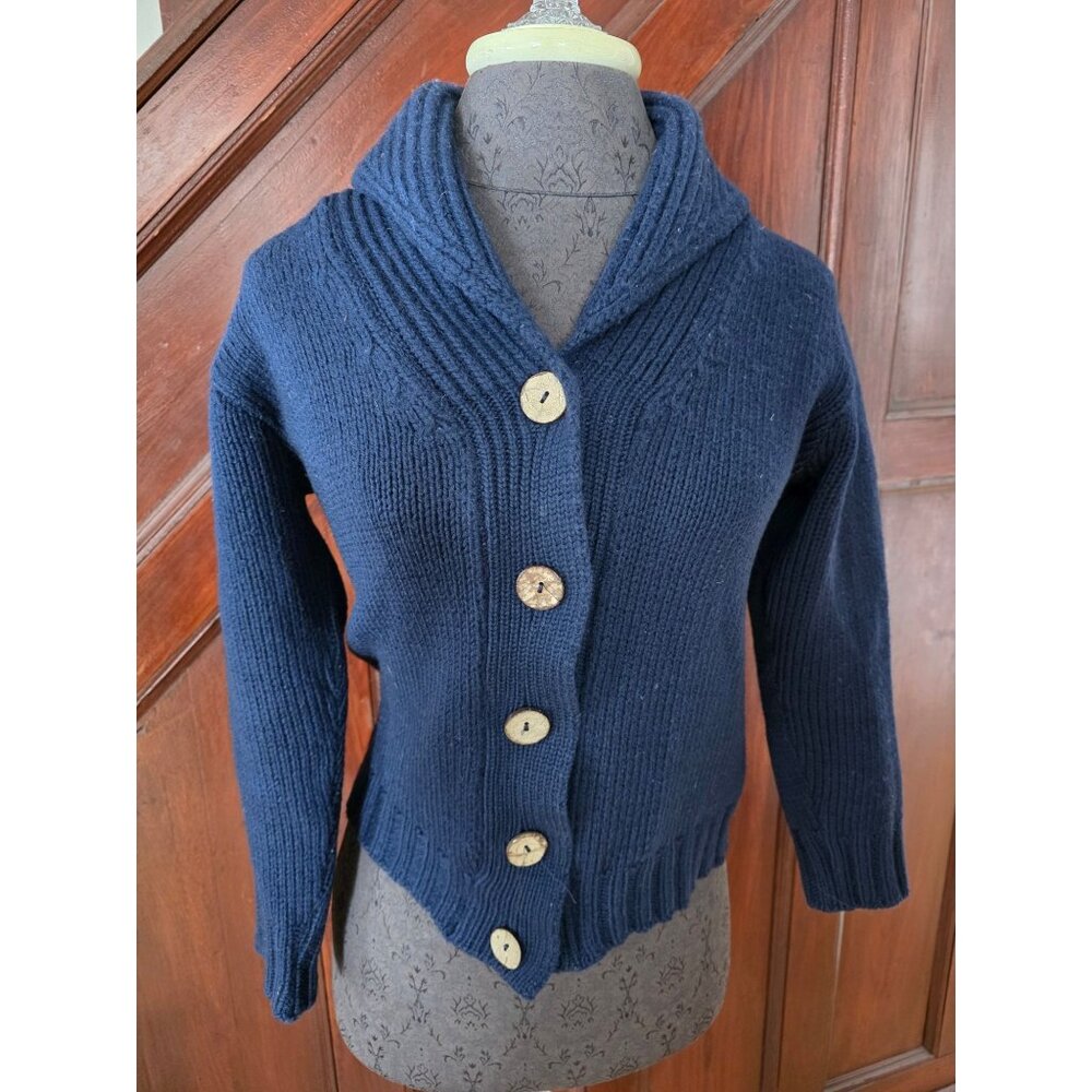 Pure New Wool Navy Blue Shawl Collar Cardigan With Wooden Buttons Made In Englan